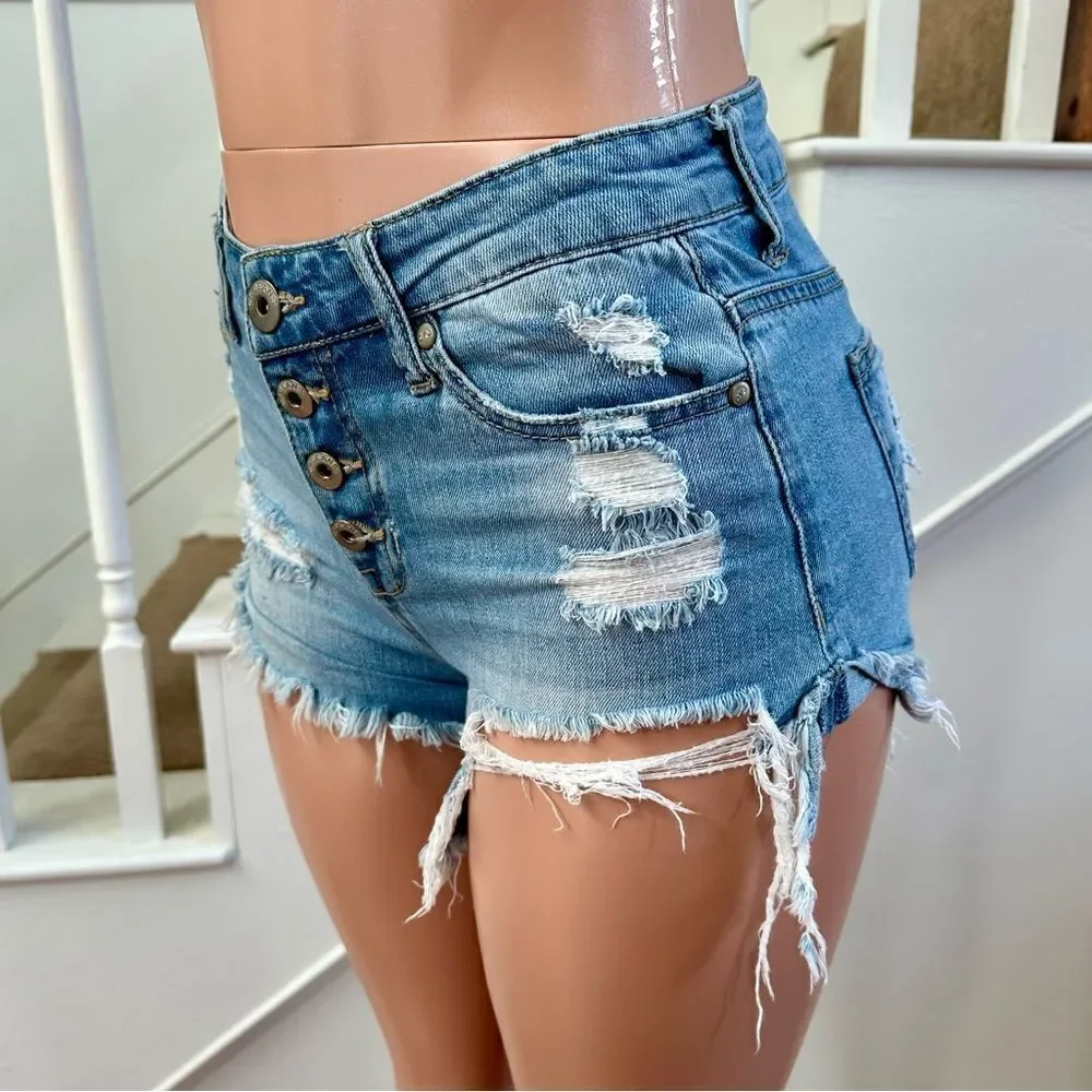 Buttonfly distressed high waist denim shorts